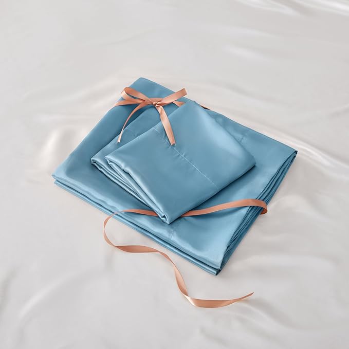 BEDELITE Satin Sheets Twin XL Size Bed Set, Luxury Soft Airy Blue Sheets - Image 7