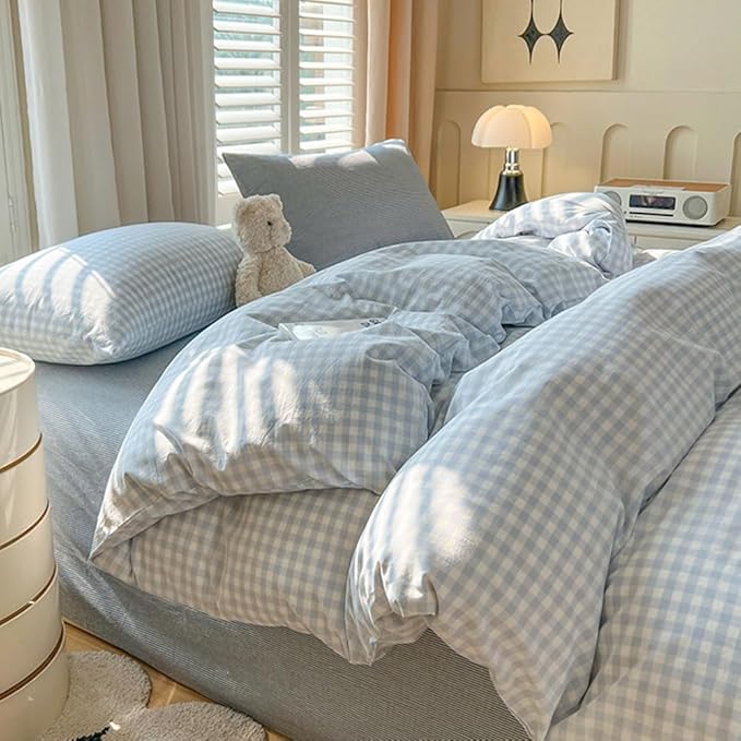 Nayoroom Gingham Duvet Cover King Size Blue White Plaid Checkered Comforter - Image 2
