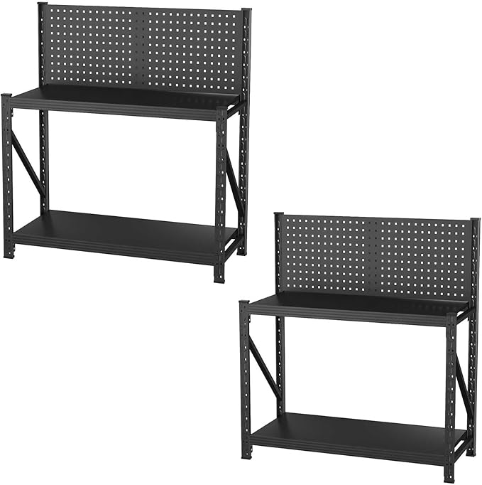 PLMFJQK 2 Sets Storage Shelves with Pegboard,Heavy Duty Garage Shelving Units and Storage,Metal Shelving Adjustable Shelves,Garage Storage Rack,Industrial Utility Shelf 47.2" H*47.09" W*19" D