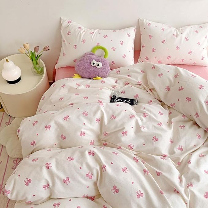 Nayoroom Pink Bow Duvet Cover Twin Size Heart Bows Printed Coquette Bedding Set by Nayoroom