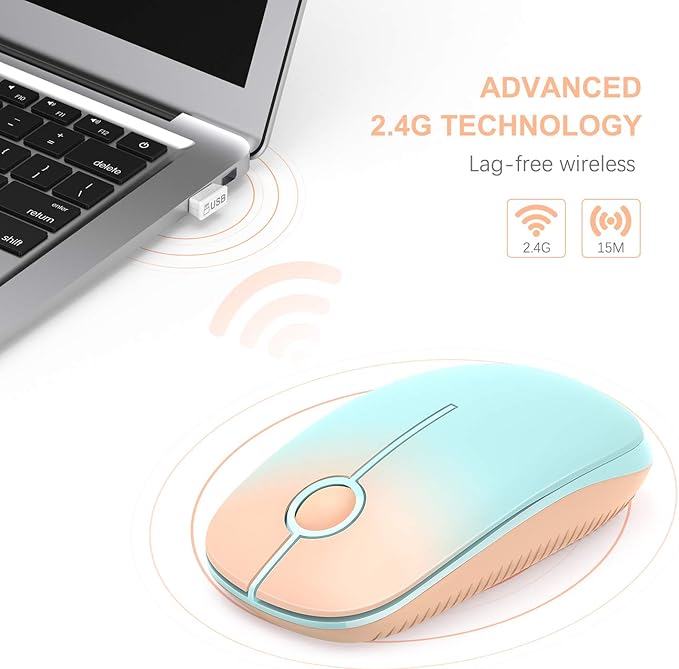 VssoPlor Wireless Mouse, 2.4G Slim Portable Computer Mice with Nano Receiver for Notebook, PC, Laptop, Computer (Orange to Green)