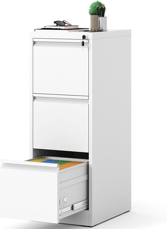 Reegangfa 3 Drawer File Cabinet with Lock, 18" D Metal Vertical Filing Cabinets, Steel File Storage Cabinets for Home Office, Hanging A4 Legal/Letter Size Narrow File Cabinet, Assembly Required