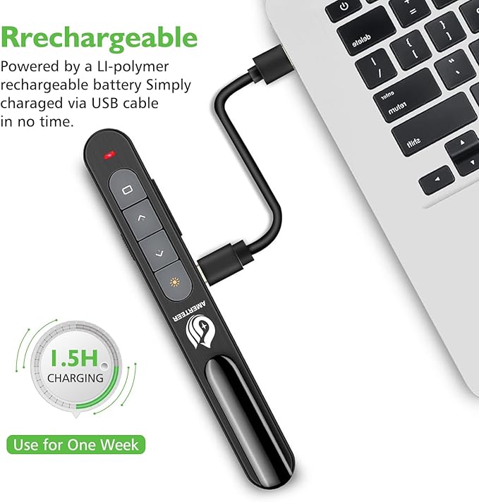 AMERTEER Wireless Presentation clicker for Powerpoint Presentations, Green Light Rechargeable Powerpoint Clicker with Laser Pointer Support Hyperlink RF 2.4GHz (1 PCS)