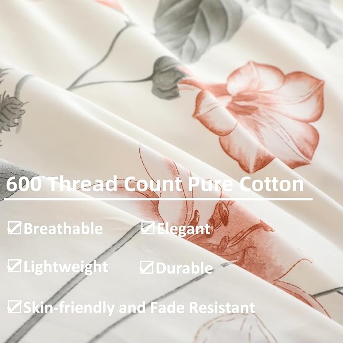 OAITE Duvet Cover Set King Size Floral Pattern 600 Thread Count Ultra Soft 100% - Image 4