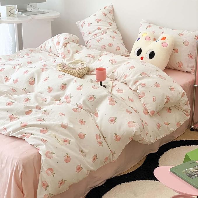 Nayoroom Pink Peach Duvet Cover Full Size Kawaii Fruit Peaches Rabbit Printed - Image 2