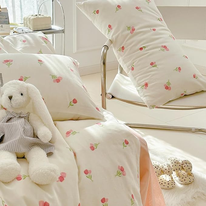 Nayoroom Pink Floral Duvet Cover Queen Size Cute Tulip Printed on White - Image 6