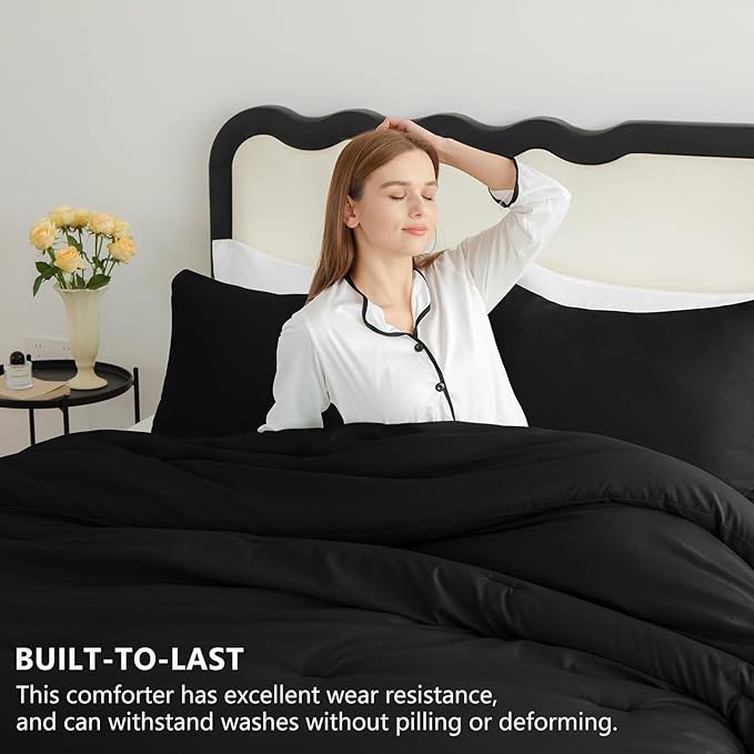 CozyLux Oversized Queen Comforter Set Black, 3 Pieces 98x98 Solid Breathable - Image 2