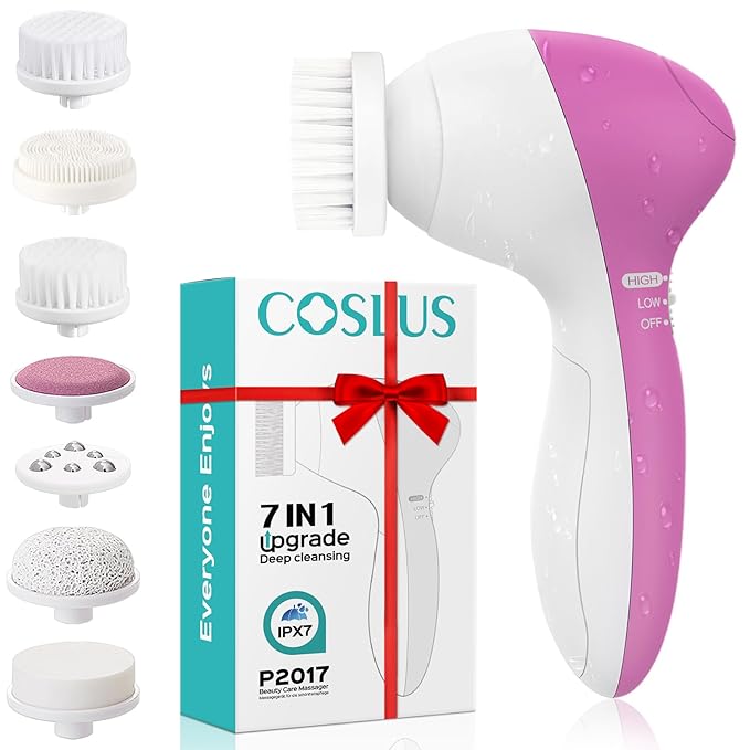 COSLUS Facial Cleansing Brush Silicone Face Scrubber: 7 in 1 FBS-D Electric by COSLUS