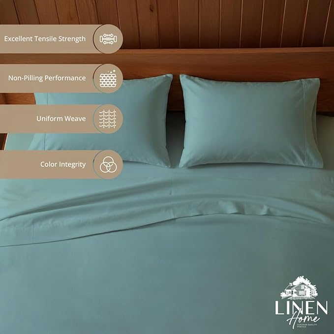 Linen Home 100% Cotton Percale Sheets King Size, Aqua Blue, Deep Pocket - Image 2