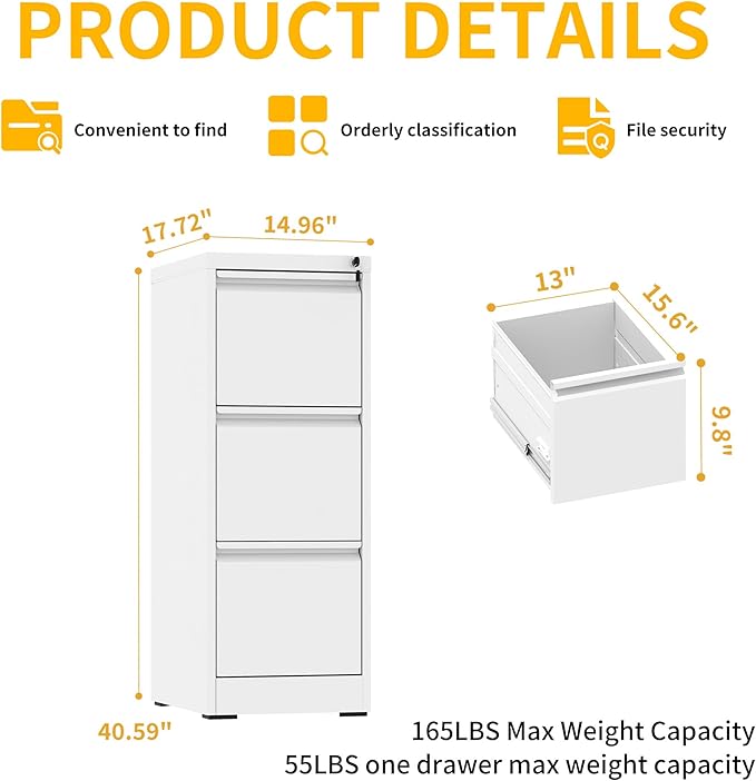 Reegangfa 3 Drawer File Cabinet with Lock, 18" D Metal Vertical Filing Cabinets, Steel File Storage Cabinets for Home Office, Hanging A4 Legal/Letter Size Narrow File Cabinet, Assembly Required