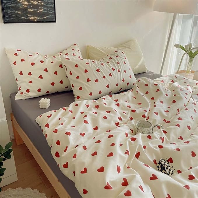 Nayoroom Heart Duvet Cover Queen Size Cute Red Love Heart Printed on White - Image 3
