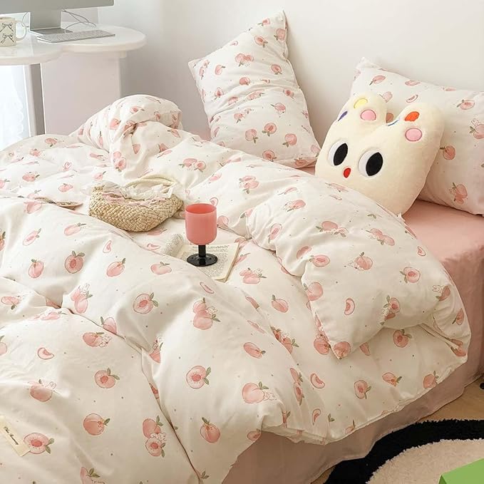 Nayoroom Pink Peach Duvet Cover Queen Size Kawaii Fruit Peaches Rabbit Printed by Nayoroom