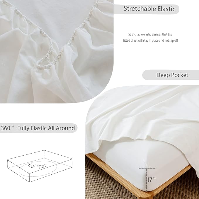 MooMee Fitted Bottom Sheet Only 100% Washed Cotton Linen Like Textured - Image 5