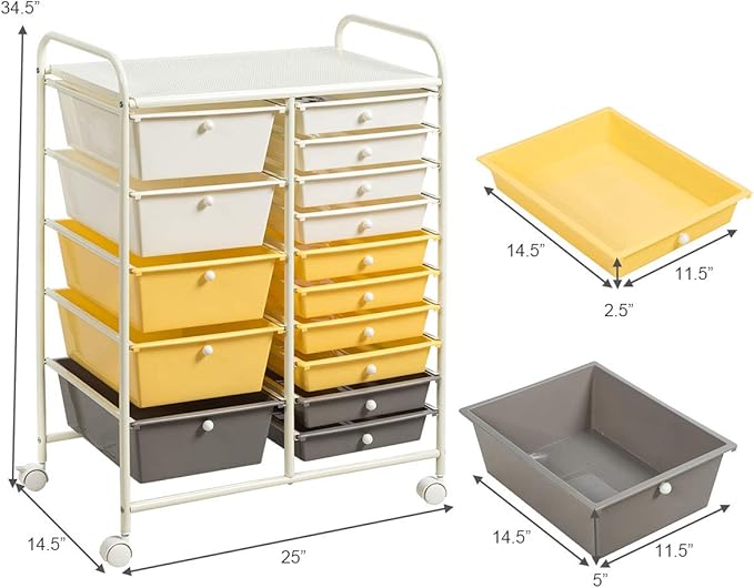 GOFLAME 15-Drawer Rolling Storage Cart, Craft Storage Cart with Removable Drawers & Lockable Wheels, Art Cart Supply Storage Organizer for Home Office Classroom, Yellow
