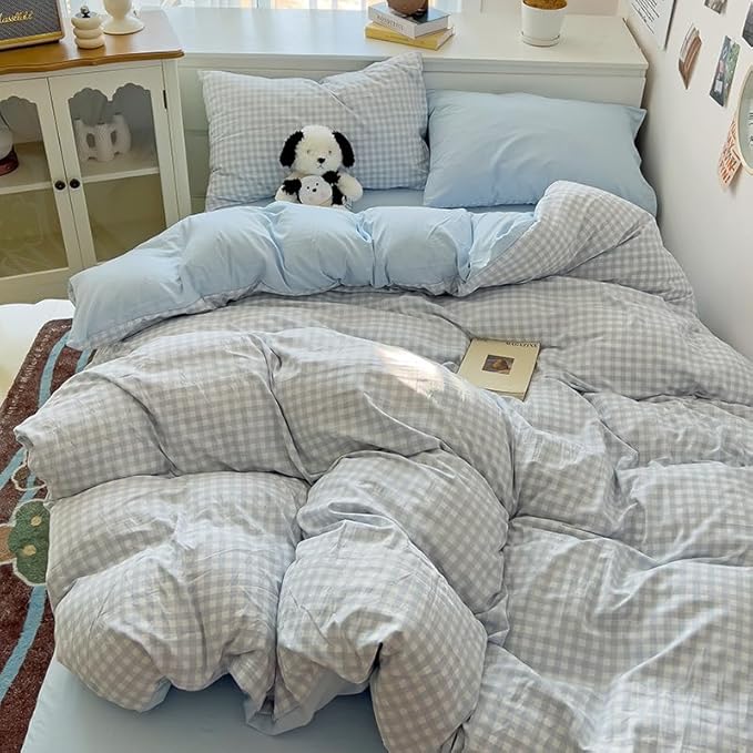 Nayoroom Gingham Duvet Cover Queen Size Reversible Blue Plaid Checkered Duvet - Image 4