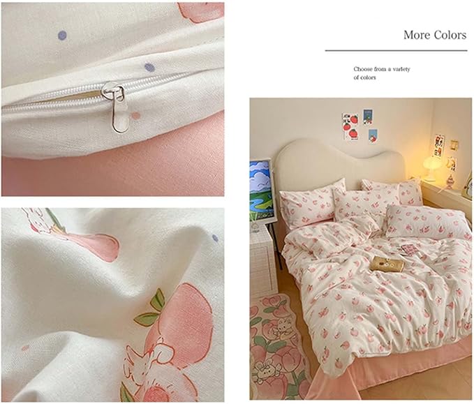 Nayoroom Pink Peach Duvet Cover Full Size Kawaii Fruit Peaches Rabbit Printed - Image 7