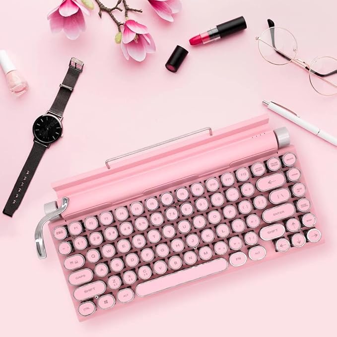 Adventurers Typewriter-Style Retro Mechanical Keyboard LED Backlight 83 Keys Bluetooth 5.0 Blue Axis Pink Color Panel Compatible with iOS/Android/Windows/Vista/Linux/Mac Office/Gaming, 12.3x6.6x1.6in