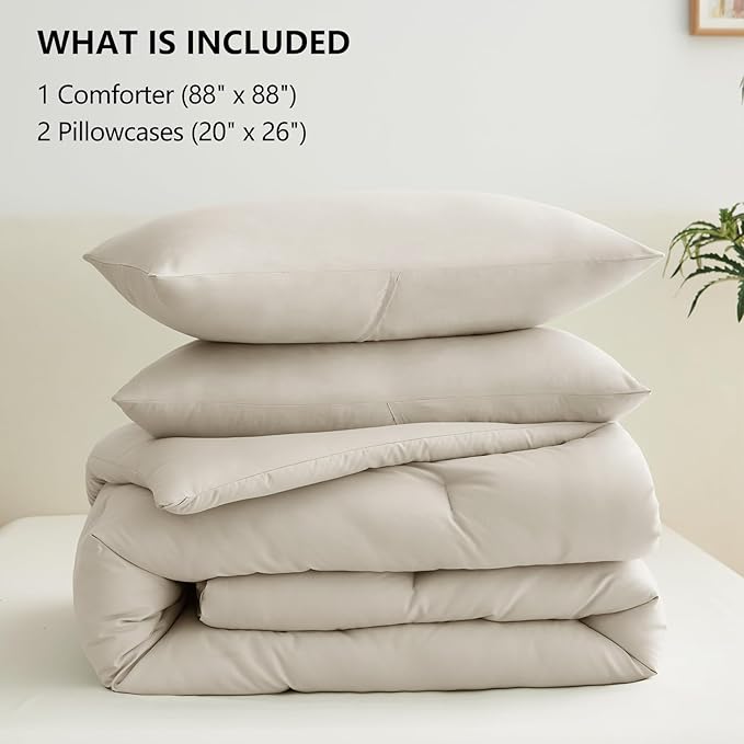 CozyLux Beige Queen Comforter Set, 3 Pieces Boho Solid Breathable Quilted Style - Image 7