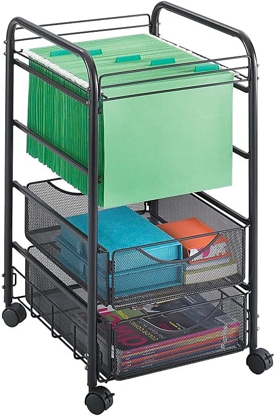 Safco 5215BL Onyx Mesh Open File Cart with 2 Storage Drawers, Black