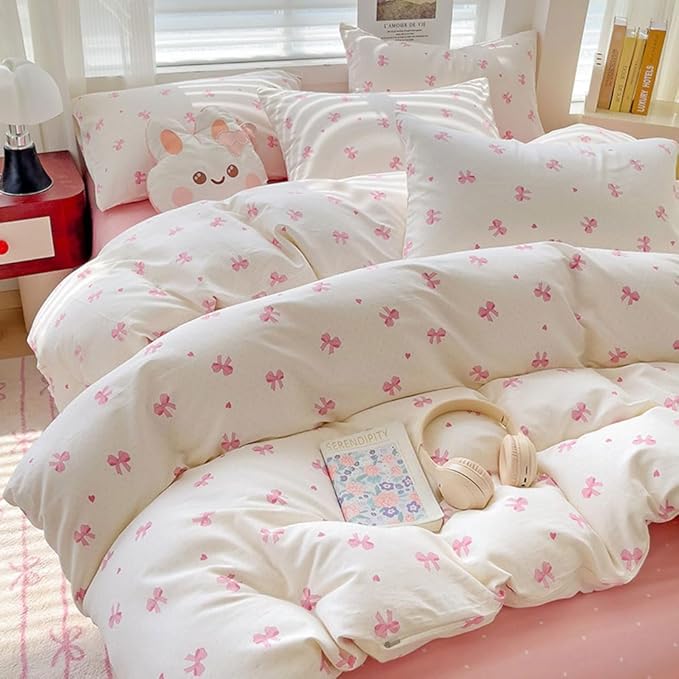 Nayoroom Pink Bow Duvet Cover Queen Size Heart Bows Printed Coquette Bedding - Image 2
