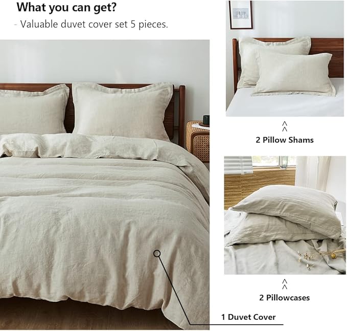 Simple&Opulence 100% Washed Linen Duvet Cover Set 5pcs Basic Style Natural - Image 4