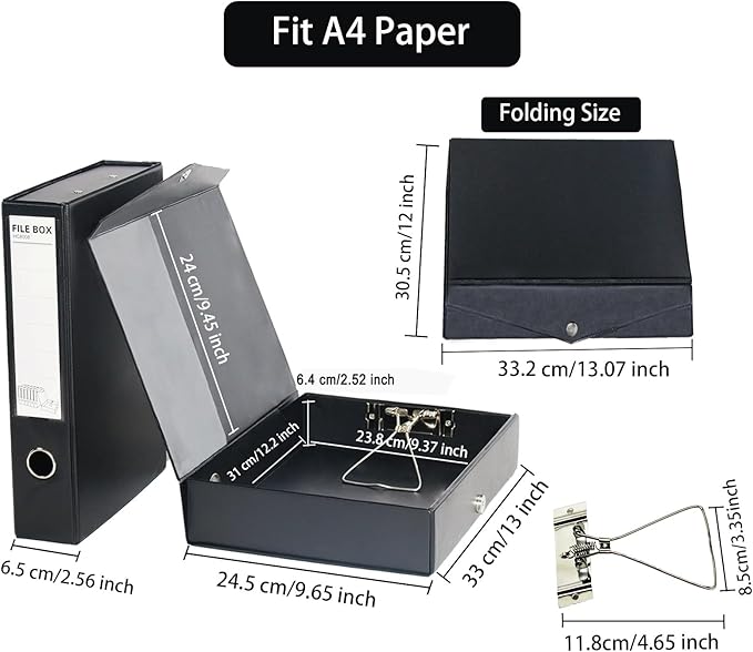 URbantin 6 Pack Foldable Plastic Box Files A4 with Metal Clip,65mm Spine,Document Archive Folders for Office（Black）