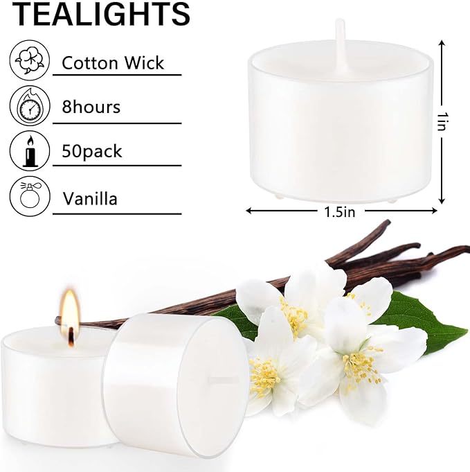 Set of 50 White Scented Tealight Candles Bulk, Vanilla Fragrance Wax - Image 4