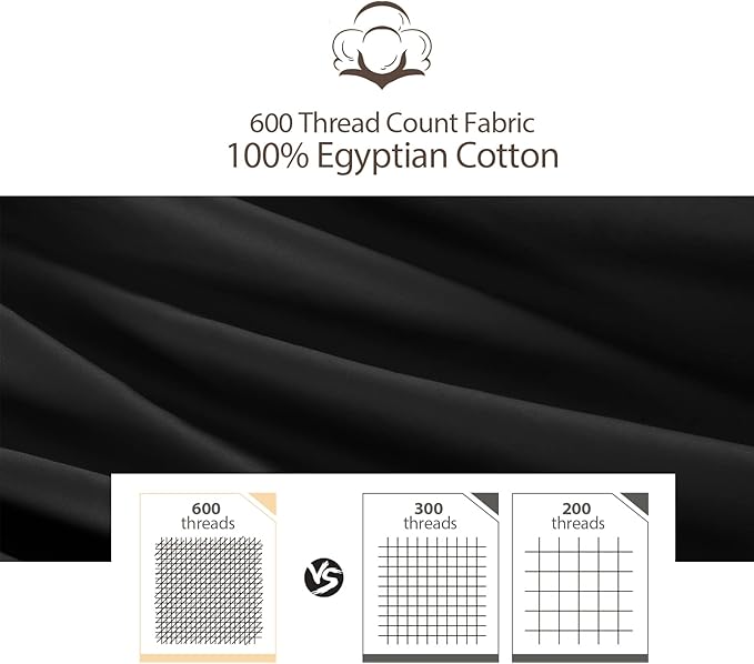 100% Egyptian Cotton Fitted Sheet Black, 600 Thread Count, 8-16" Deep Pocket - Image 5