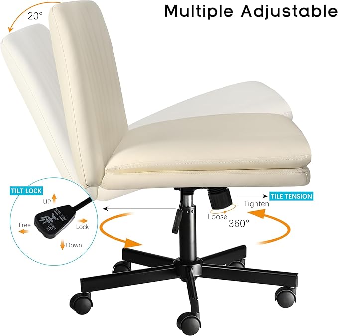 PUKAMI Criss Cross Chair with Wheels,Armless Cross Legged Office Desk Chair,PU Leather Modern Swivel Height Adjustable Wide Seat Computer Task Vanity Chair for Home Office(Beige)