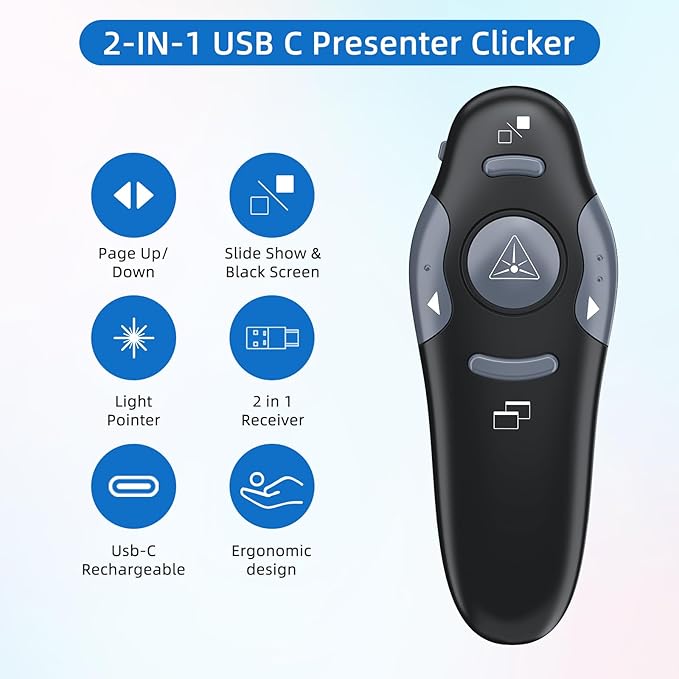 Presentation Clicker with Storage Case, USB C Rechargeable Wireless Presenter Remote Powerpoint Clicker with Protective Case
