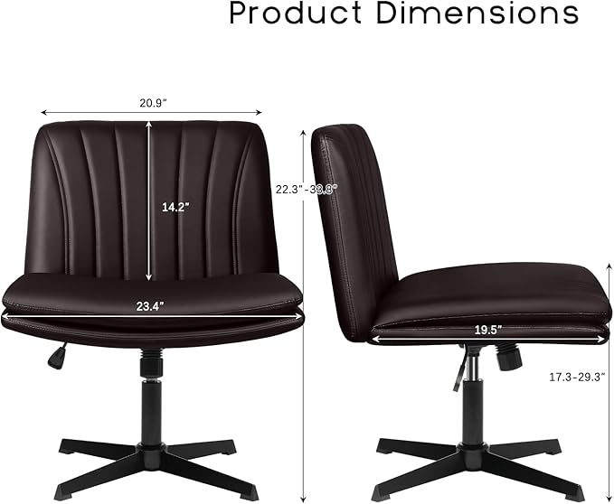 PUKAMI Criss Cross Legged Office Chair,Armless Office Desk Chair No Wheels,PU Leather Modern Swivel Vanity Chair,Height Adjustable Wide Seat Mid Back Computer Task Chair for Home Office, Brown