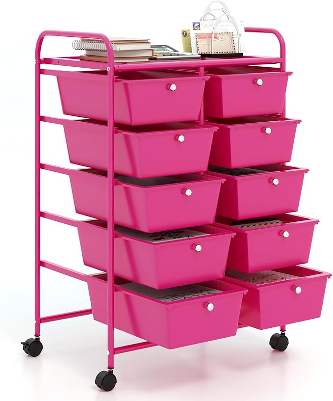GOFLAME 10-Drawer Rolling Storage Cart, Art Craft Storage Organizer on Wheels, Multipurpose Movable Utility Cart for School, Office and Home, Hot Pink