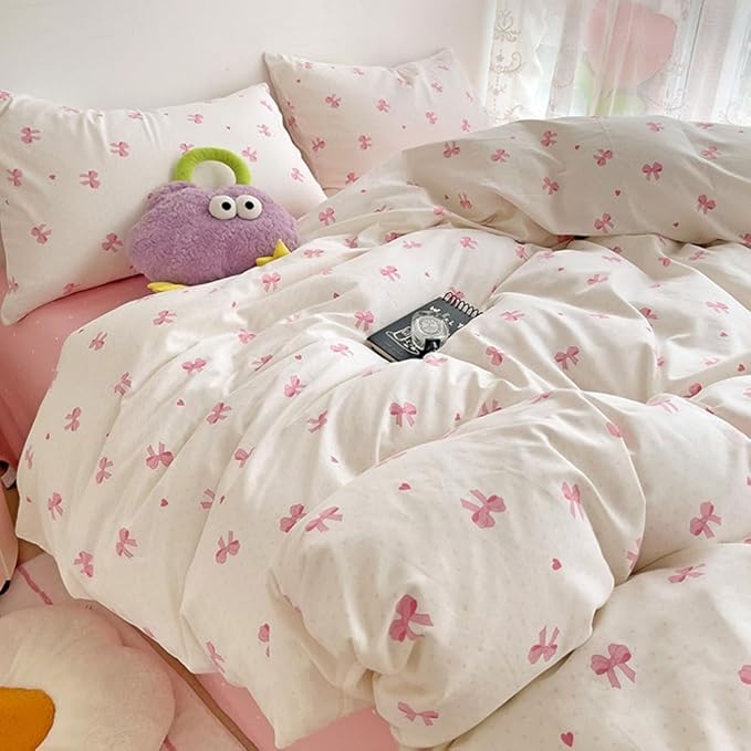 Nayoroom Pink Bow Duvet Cover Queen Size Heart Bows Printed Coquette Bedding - Image 5