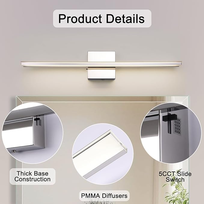 Chrome Vanity Lights for Bathroom 5CCT Dimmable Bathroom Lighting Fixtures Over - Image 6
