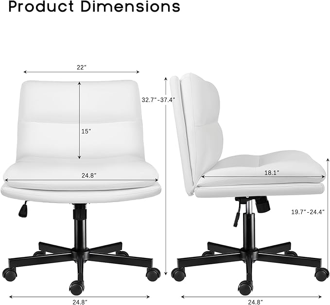PUKAMI Criss Cross Chair with Wheels,Armless Cross Legged Office Desk Chair,PU Leather Modern Swivel Height Adjustable Wide Seat Computer Task Vanity Chair for Home Office(White)
