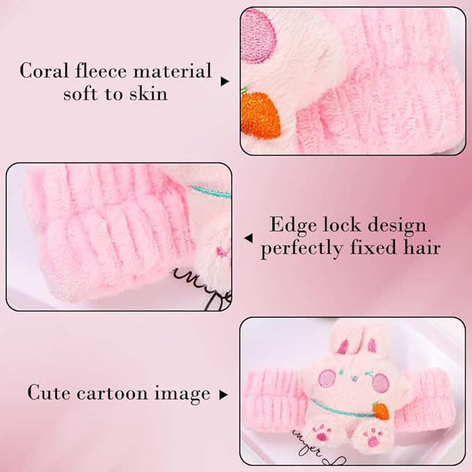 PERFECTSIGHT Kawaii Spa Headband Set, 2 Pack Cute Soft Coral Fleece Makeup and - Image 4