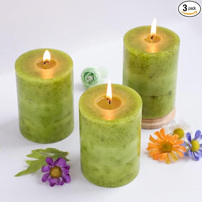 Green Pillar Candles Set of 3 Sage Scented Long Burning Candles 3x4 inch by FLAVCHARM
