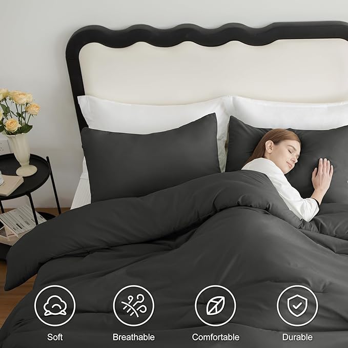 CozyLux King Size Comforter Set Dark Grey, 3 Pieces Solid Comforters King Size - Image 5