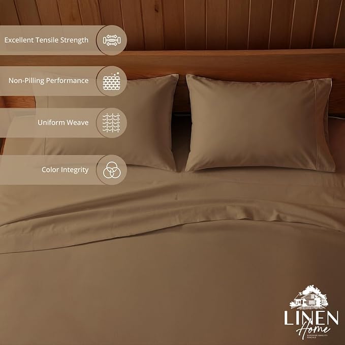 Linen Home 100% Cotton Percale Sheets Twin Size, Earthy Brown, Deep Pocket - Image 2