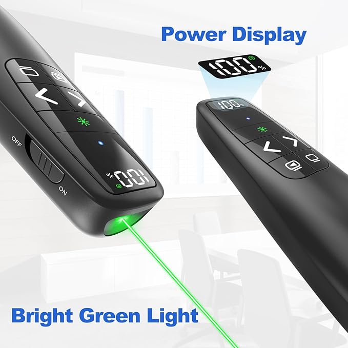 Rechargeable Presentation Clicker with Case, Power Digital Display Wireless Presenter Remote, USB C Green Light Pointer Computer PowerPoint PPT Clickers for Mac Laptop, Slideshow Google Slide Advancer