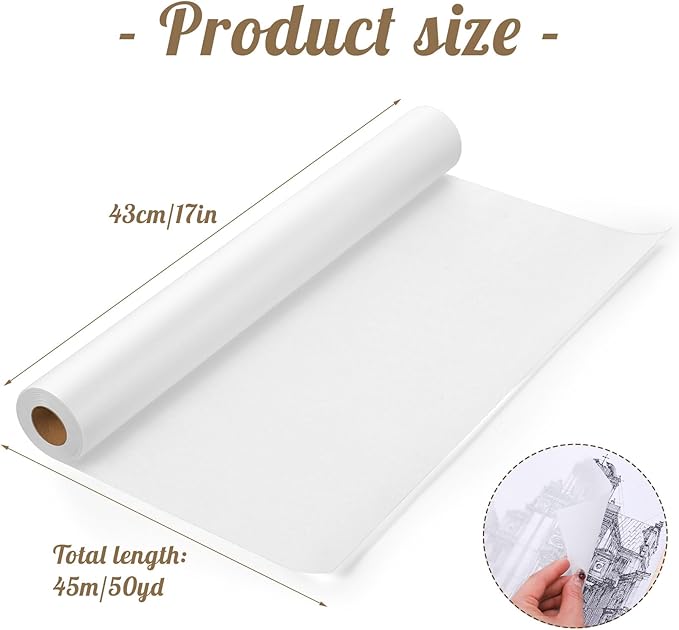 Tracing Paper Roll 17in x 50yd, White Trace Paper Pattern Paper Translucent Tracing Paper for Sewing, Drawing, Sketching, Gift Wrapping