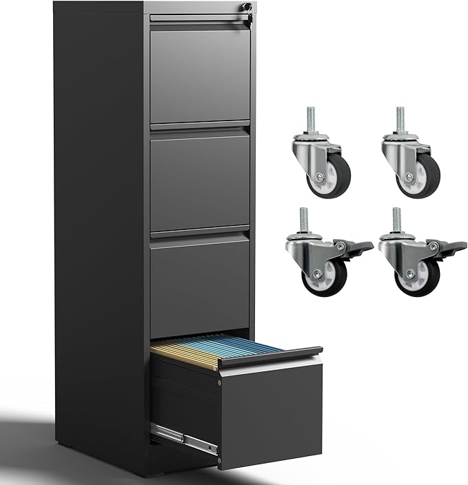 IKIMI 4 Drawer Locking File Cabinet with Wheels,Black Metal Mobile Filing Cabinets,Vertical File Cabinet for Home Office,Rolling Storage Cabinet for A4/Letter/Legal Size File,Assembly Required