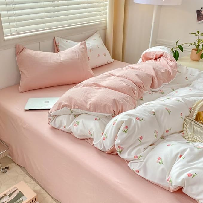 Nayoroom Pink Floral Duvet Cover Full Size Coquette Tulip Printed on White by Nayoroom