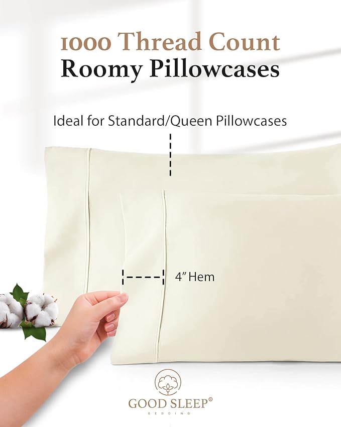 1000 TC Ivory Standard Pillowcases Set of 4 100% Egyptian Cotton Pillow Cases - Image 3