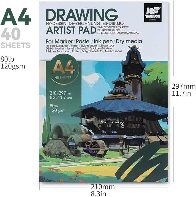 TRANSON Artist Mix Media Sketchbook Marker Pad, 8.3”x11.7” 40 Sheets A4 Art Papers, 80lb/120gsm for Painting, Drawing and Sketching