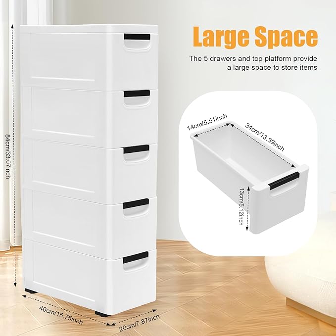 YARDOMGAR 5-Drawer Storage Cabinet with Removable Drawers - 7.87x15.75×33.07in White PP Vertical Plastic Storage Drawers for Toys & Home Decor, 22lbs Capacity (B-White)