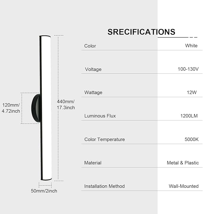 OOWOLF Bathroom Vanity Light, Adjustable Brightness 12W 17.3inch Bathroom Light - Image 6