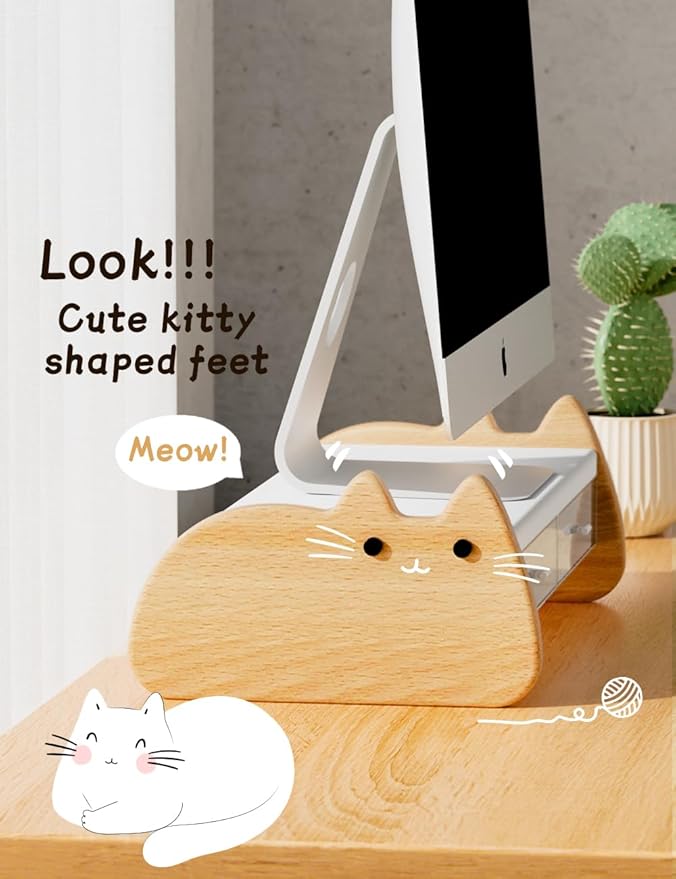 AFOOYO Monitor Stand Riser,Wooden & MDF Computer Desktop Stand with Acrylic Drawer,Laptop Stand Riser Holder ,Table Holder Desk Organizer Storage Stand for Laptop,Printer,TV,15.7 inch,Cute Cat