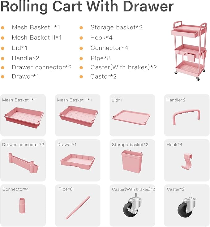 Sorgion 3 Tier Rolling Cart Organizer,Laundry Room Bathroom Organizers and Storage Office Shelves Mobile Shelving Unit Kitchen Trolley Cart with Wheels for Art,Craft,Diaper,Bedside,Snack(Pink)