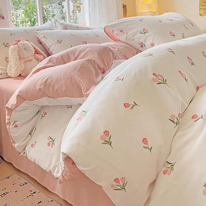 Nayoroom Pink Floral Duvet Cover Queen Size Coquette Tulip Printed on White - Image 7